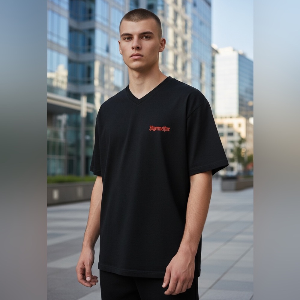 Jagermeister Black/Orange V-Neck Short Sleeve Stag Logo Back T-Shirt